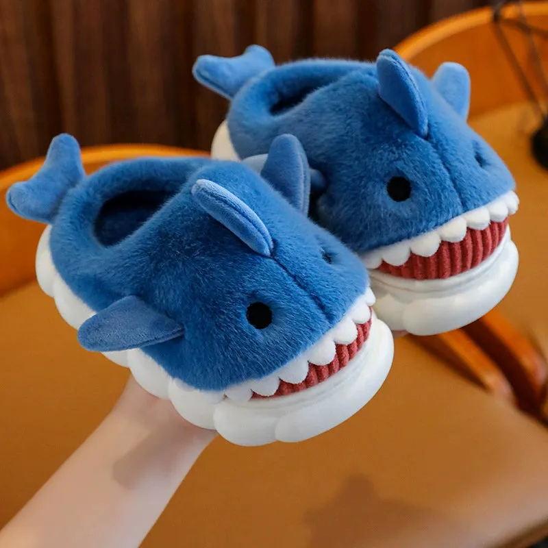 Children's Waterproof Cotton Slippers with Cute Shark Pattern - Non-Slip Indoor Footwear for Autumn and Winter