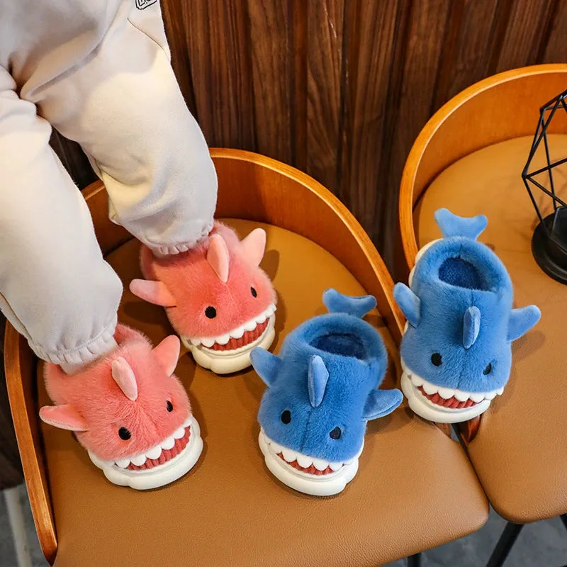 Children's Waterproof Cotton Slippers with Cute Shark Pattern - Non-Slip Indoor Footwear for Autumn and Winter