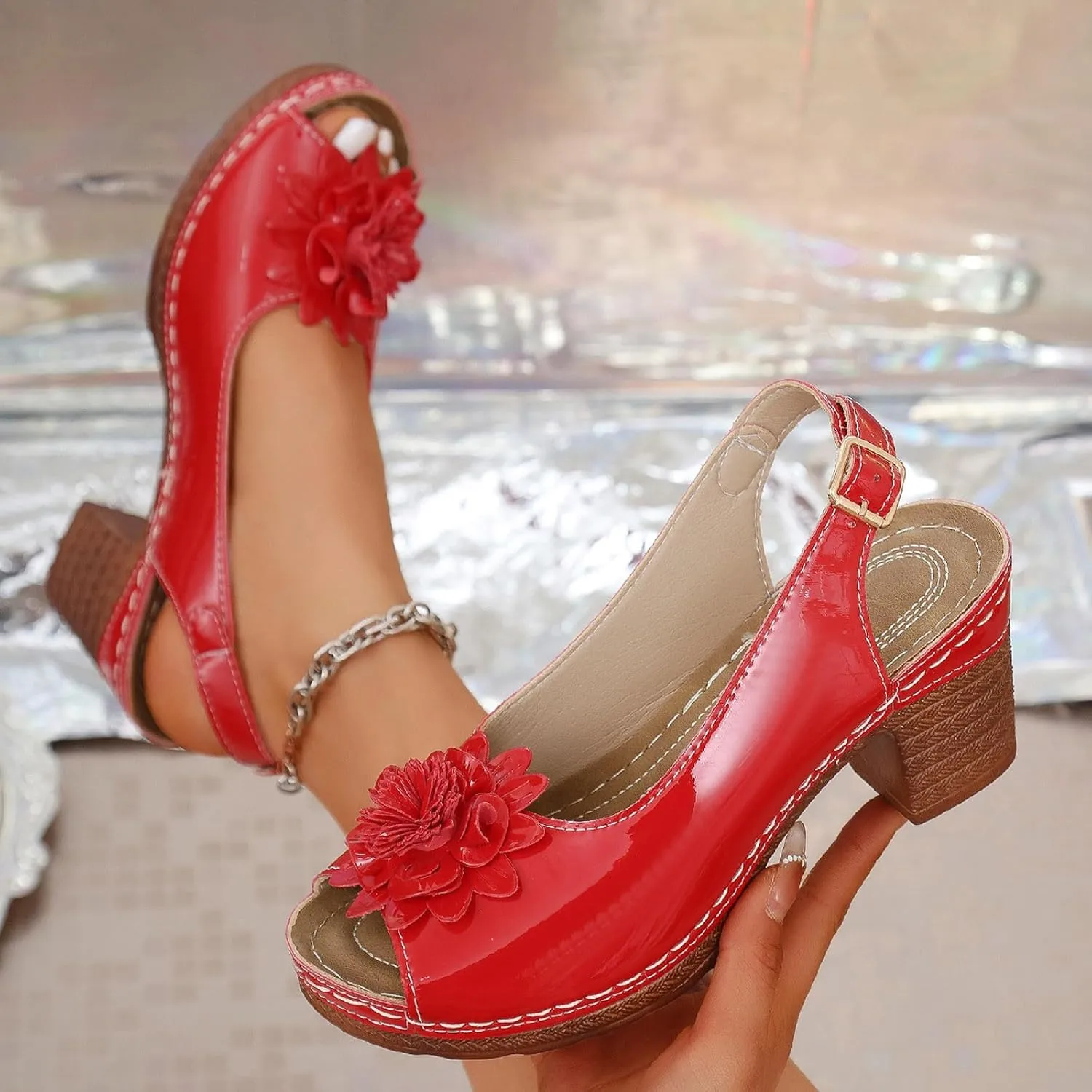 Chunky Sandals for Women 2025 Square Peep Toe Mule Sandals Adjustable Ankle Strap Buckle Shoes 3D Flowers Leather Vamp Bohemian Sandal Non-Slip Rubber Sole Travel Vacation Beach Shoes