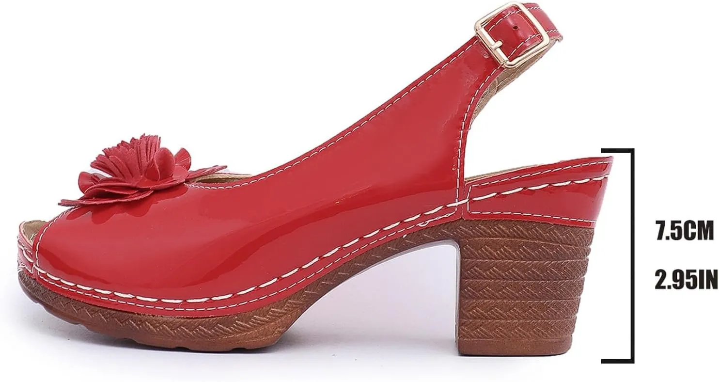 Chunky Sandals for Women 2025 Square Peep Toe Mule Sandals Adjustable Ankle Strap Buckle Shoes 3D Flowers Leather Vamp Bohemian Sandal Non-Slip Rubber Sole Travel Vacation Beach Shoes
