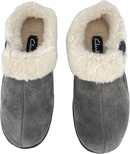 Clarks Indoor and Outdoor Grey Slipper Warm Plush Wool Mule Slip-On Fur Lined Clogs