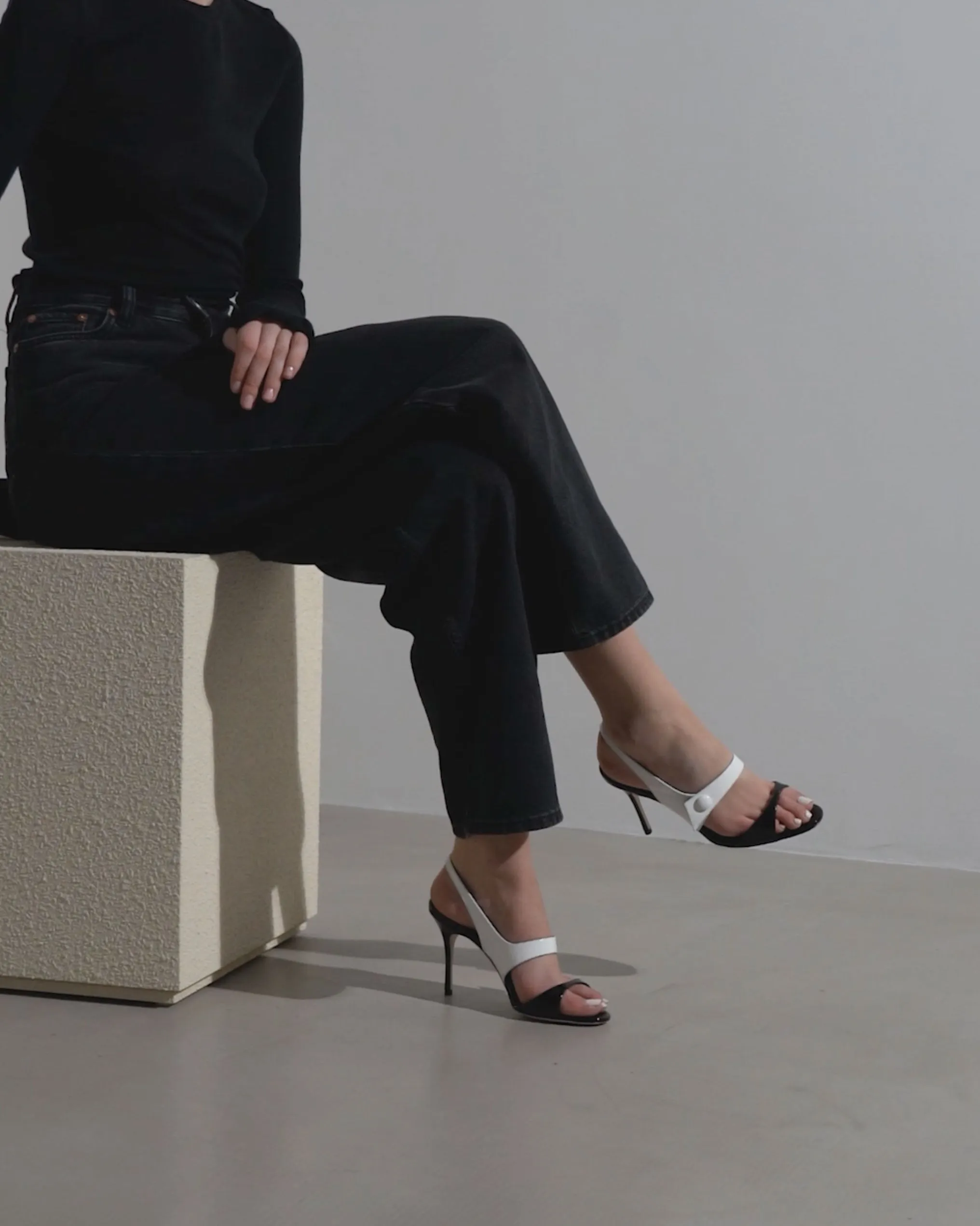 Climnetra 90 black and white patent sandals