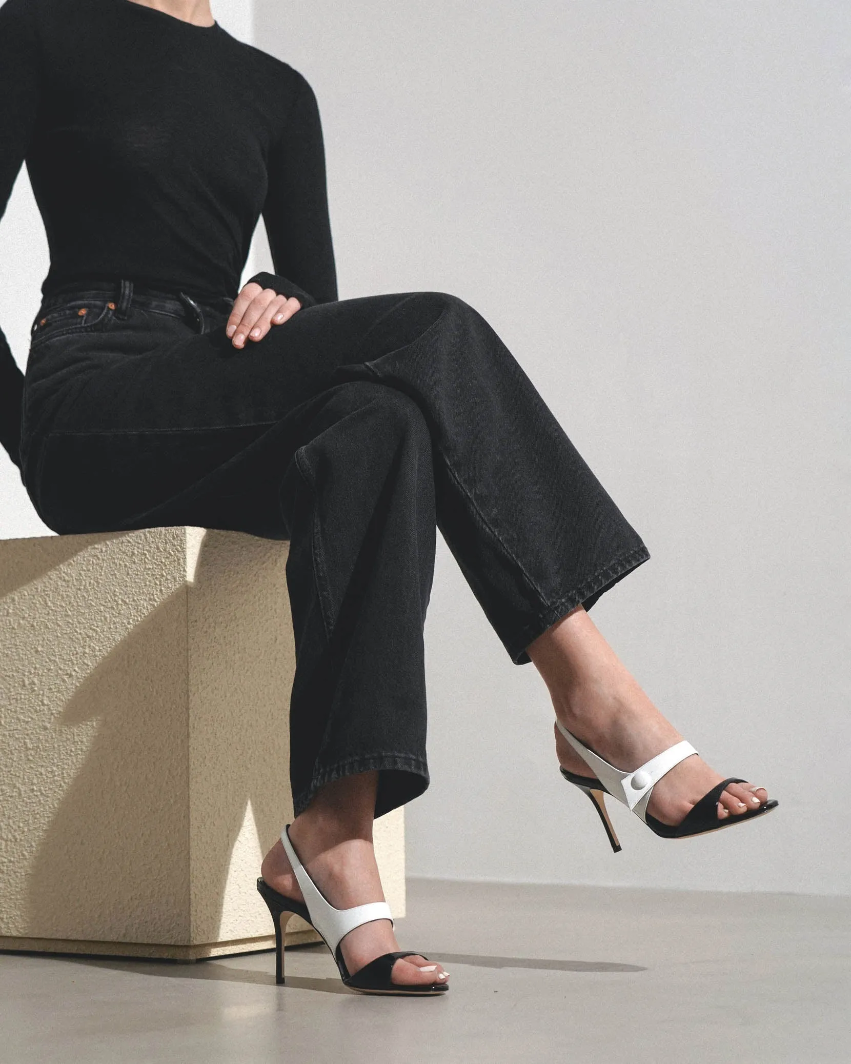 Climnetra 90 black and white patent sandals