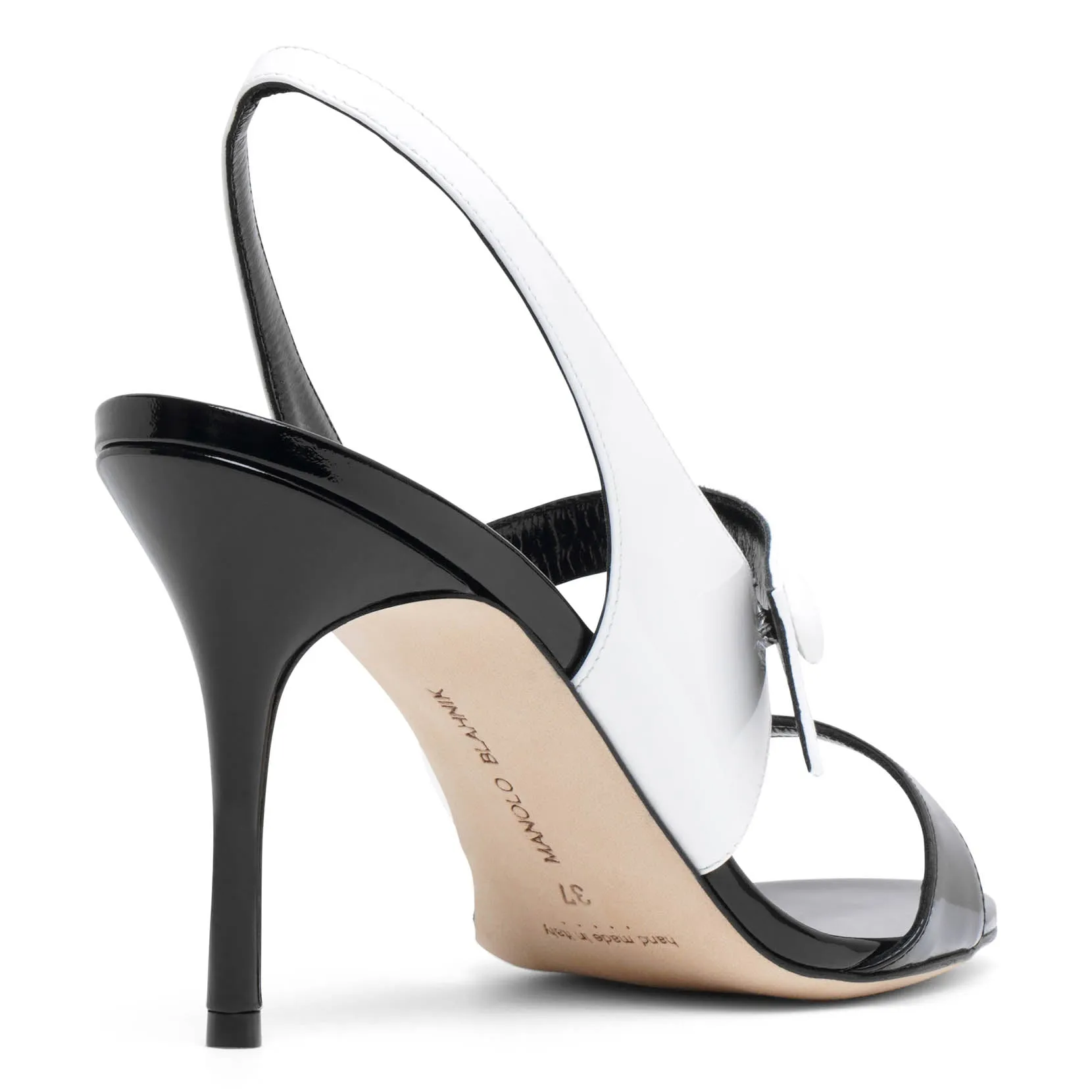 Climnetra 90 black and white patent sandals