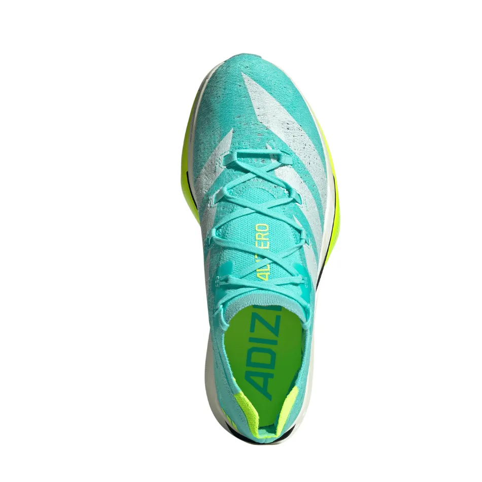Adidas Unisex Adizero Prime X3 Strung Running Shoes in Flash Aqua/Zero Metalic/Lucid Lemon AW25 Wear   Resistant Light Grip