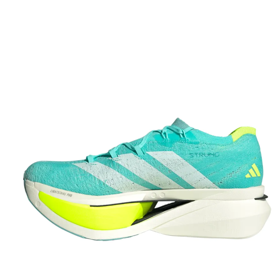 Adidas Unisex Adizero Prime X3 Strung Running Shoes in Flash Aqua/Zero Metalic/Lucid Lemon AW25 Jump Friendly