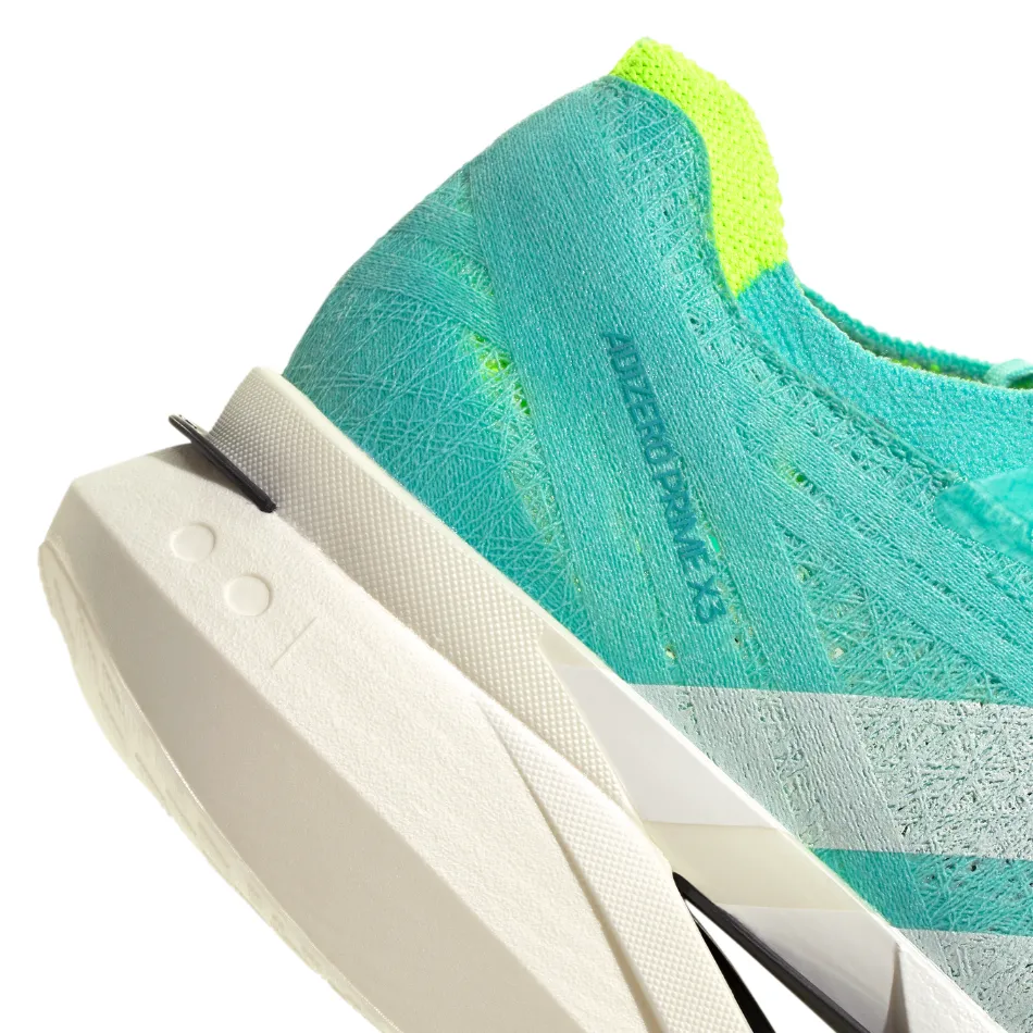 Noise Reducing Sole Adidas Unisex Adizero Prime X3 Strung Running Shoes in Flash Aqua/Zero Metalic/Lucid Lemon AW25