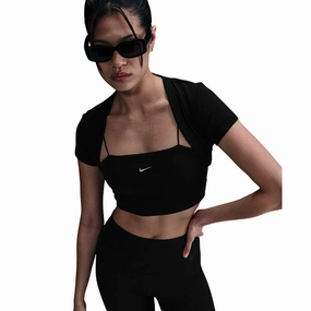 Nike Top corto da donna aderente 2 in 1 a mini costine HJ1299-010 nero Flexible Fabric