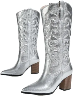 Cowboy Boots for Women Western Mid Calf Boots Retro Pointed Toe Pull On Long Tall Block Chunky Heel Cowgirl Boots