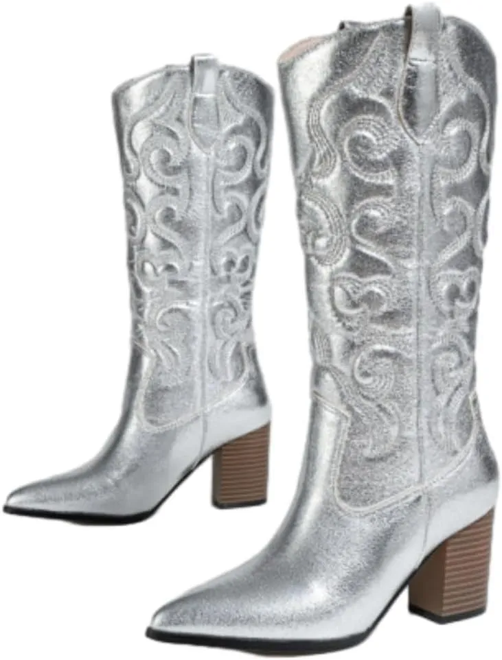 Cowboy Boots for Women Western Mid Calf Boots Retro Pointed Toe Pull On Long Tall Block Chunky Heel Cowgirl Boots