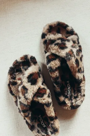 Criss Cross Faux Fur Slippers - Leopard