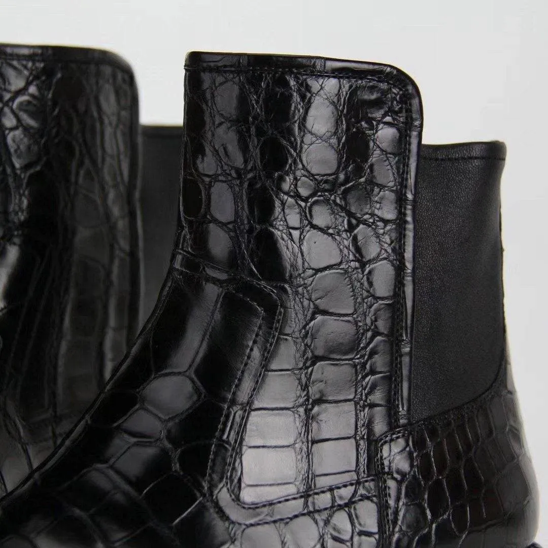 Crocodile Shoes Genuine  Crocodile Skin Leather Chelsea Ankle Boots