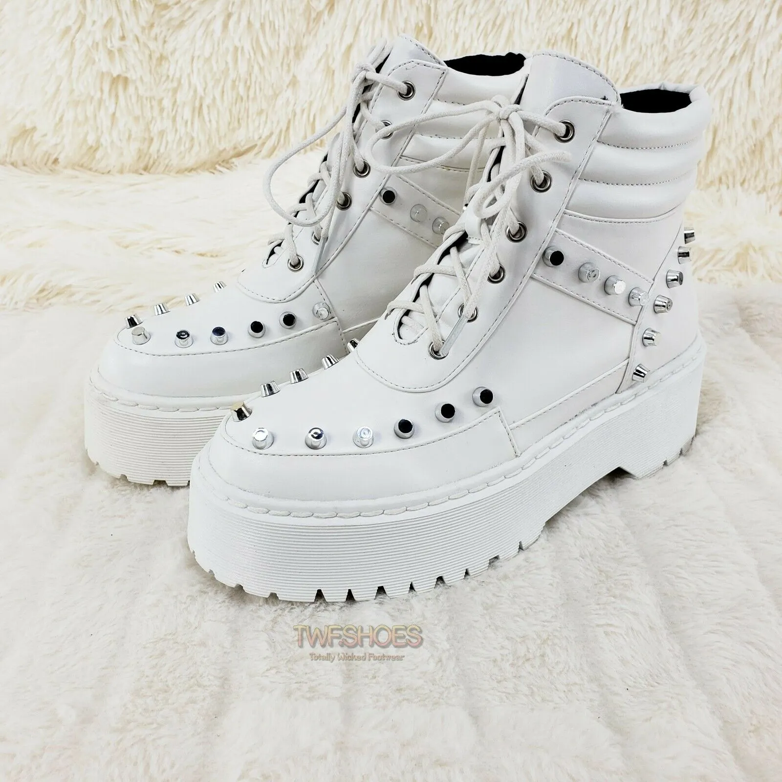 Cyber Punk Silver Cap Stud Combat Sneaker Ankle Boots White 6-11