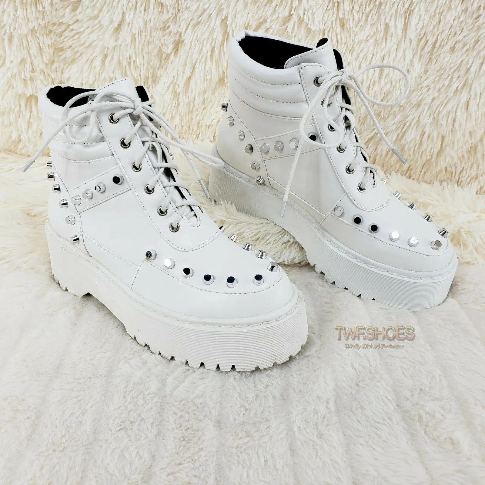 Cyber Punk Silver Cap Stud Combat Sneaker Ankle Boots White 6-11