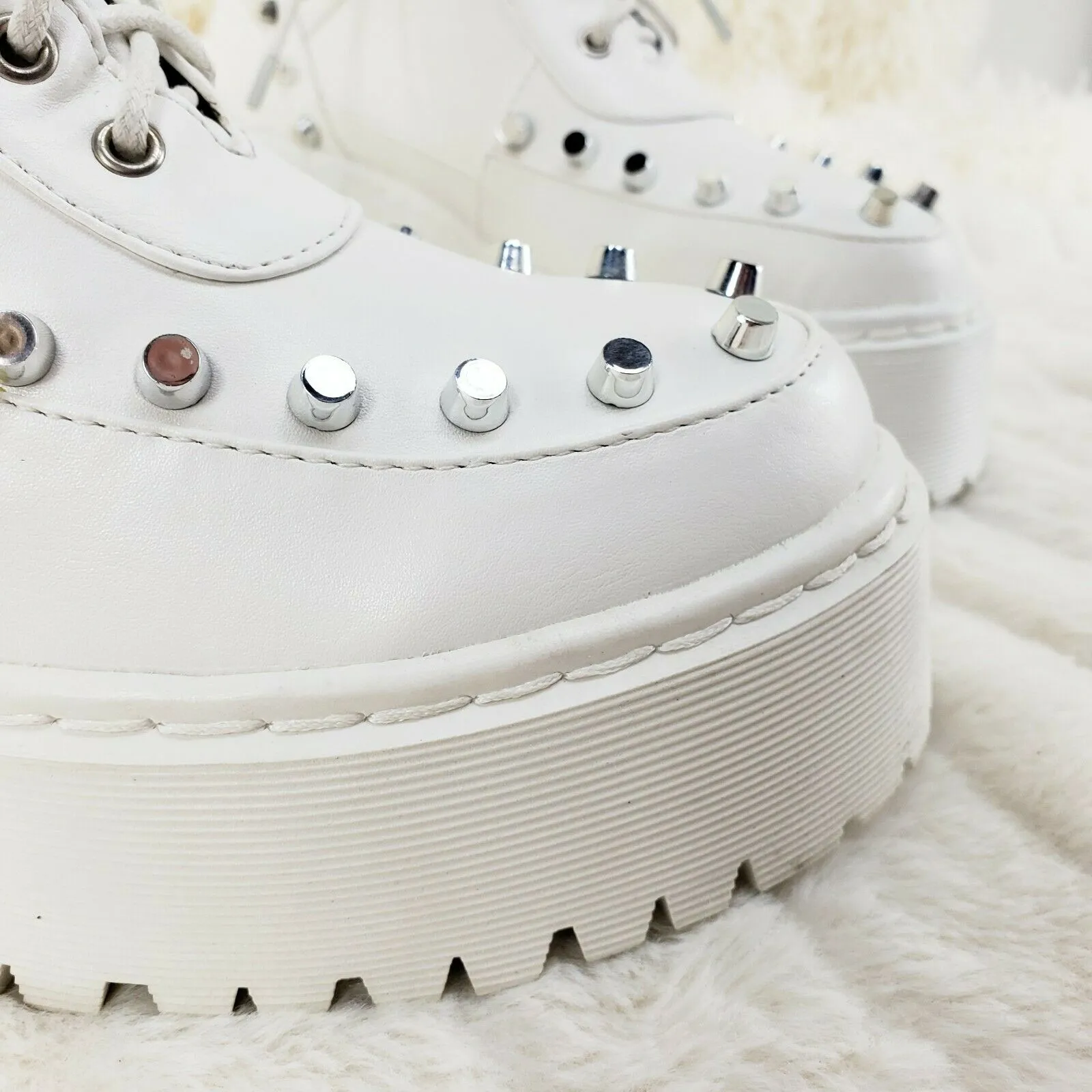 Cyber Punk Silver Cap Stud Combat Sneaker Ankle Boots White 6-11