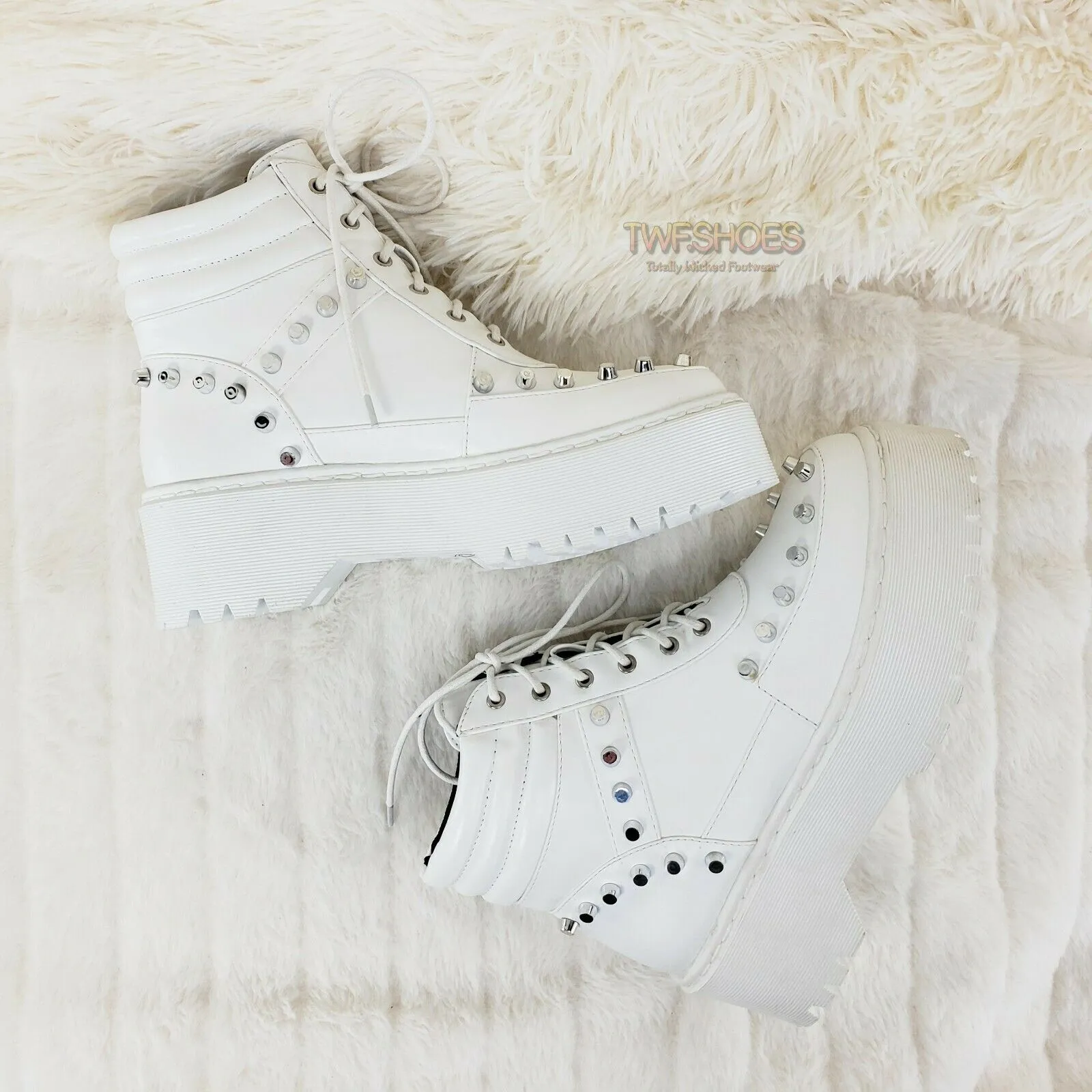 Cyber Punk Silver Cap Stud Combat Sneaker Ankle Boots White 6-11