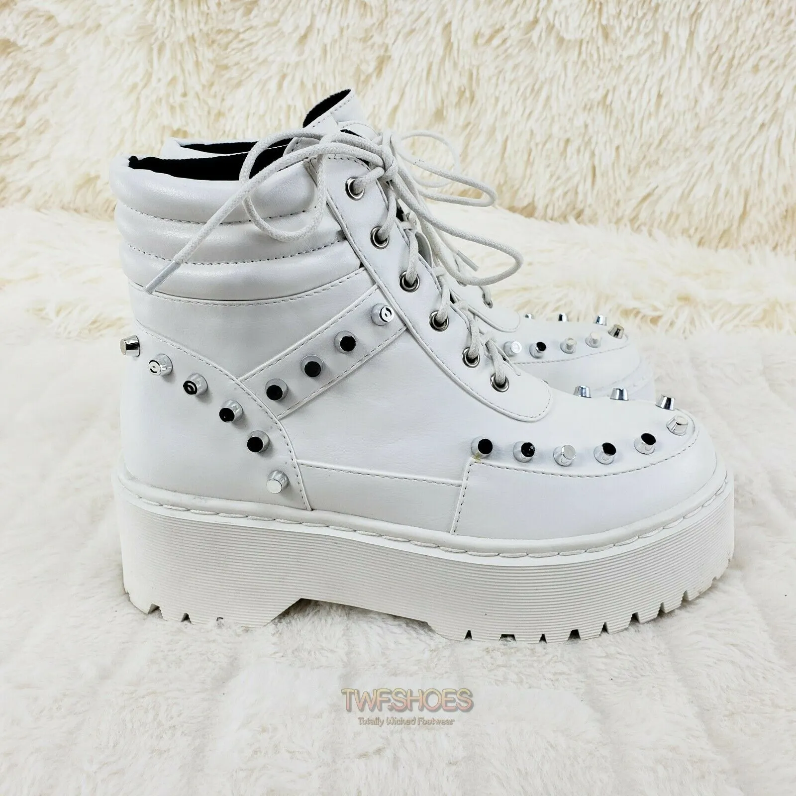 Cyber Punk Silver Cap Stud Combat Sneaker Ankle Boots White 6-11