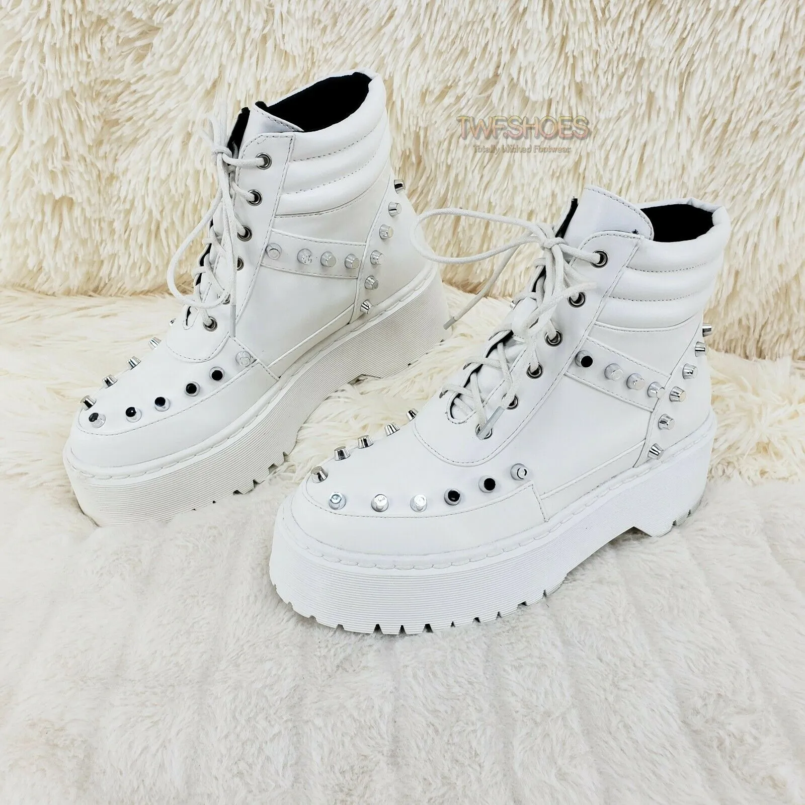 Cyber Punk Silver Cap Stud Combat Sneaker Ankle Boots White 6-11