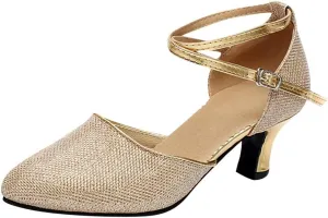 Dancing Dance Social Latin Shoes Ballroom Shoes Sequins Women's Tango Shoe Women's Middle Heels Strap Sandal Heel (Gold, 7)