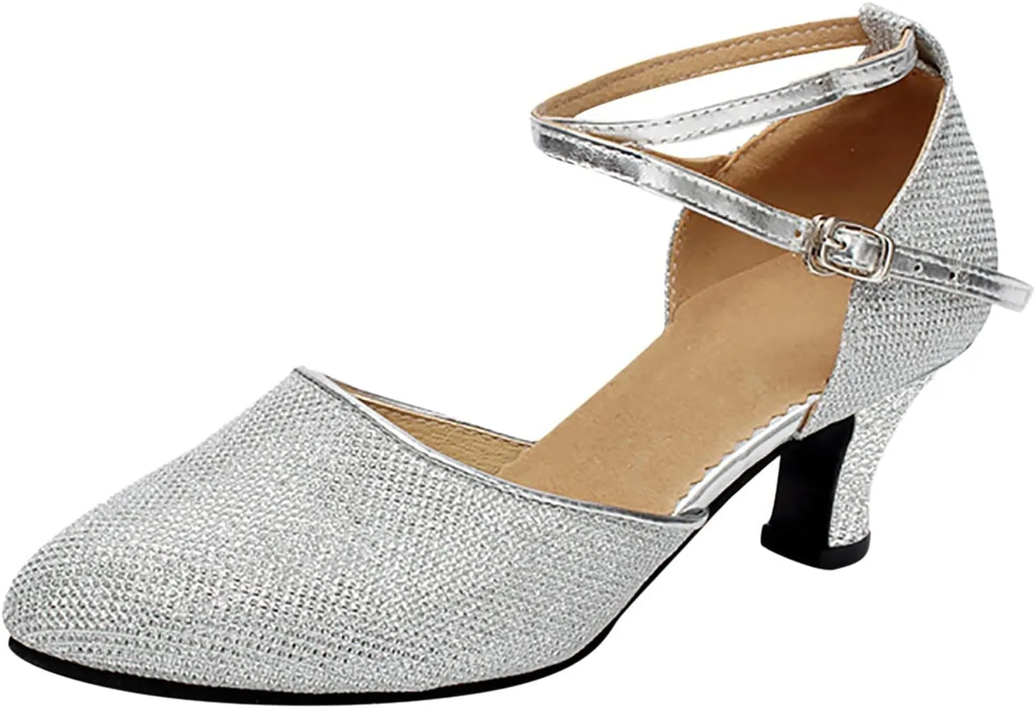 Dancing Dance Social Latin Shoes Ballroom Shoes Sequins Women's Tango Shoe Women's Middle Heels Strap Sandal Heel (Silver, 8)