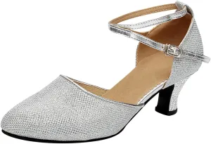 Dancing Dance Social Latin Shoes Ballroom Shoes Sequins Women's Tango Shoe Women's Middle Heels Strap Sandal Heel (Silver, 8)
