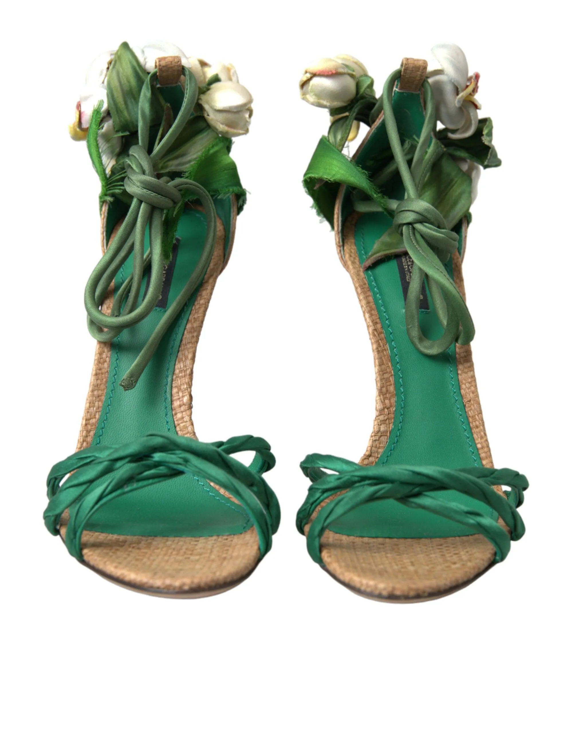 Dolce & Gabbana Green Flower Satin Heels Sandals Shoes