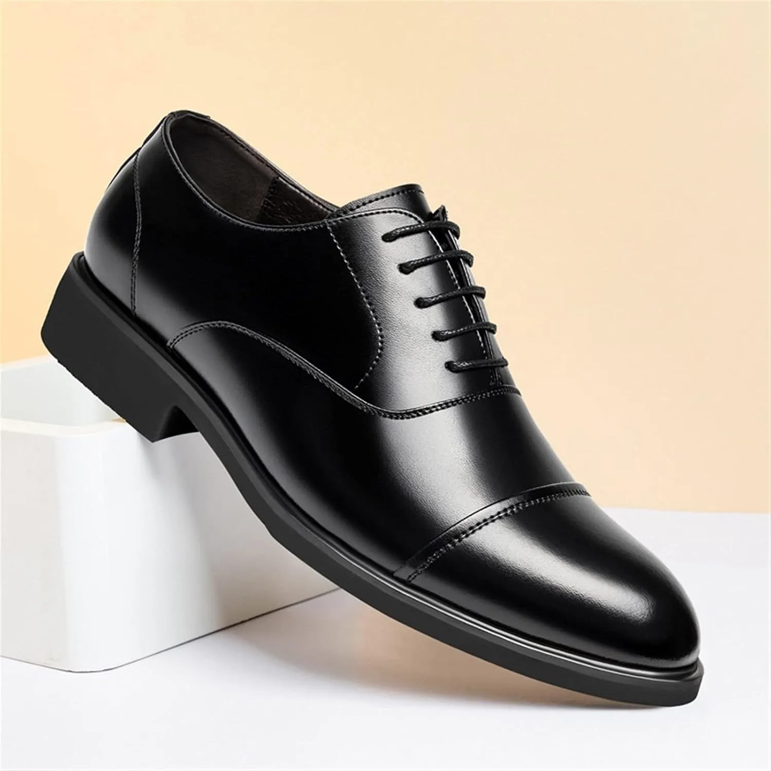 Dress Formal Shoes for Men Lace Up Height Increasing Elevator 2.4 Inches Cap Toe Faux Leather Low Top Slip Resistant Anti-Slip Wedding