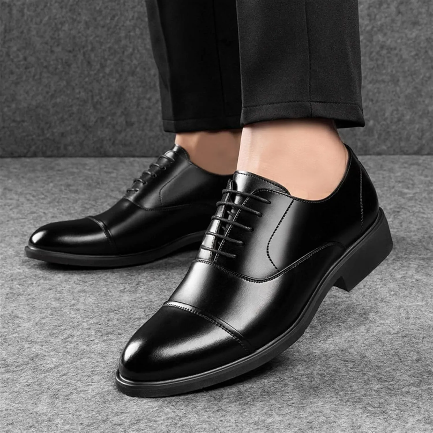 Dress Formal Shoes for Men Lace Up Height Increasing Elevator 2.4 Inches Cap Toe Faux Leather Low Top Slip Resistant Anti-Slip Wedding
