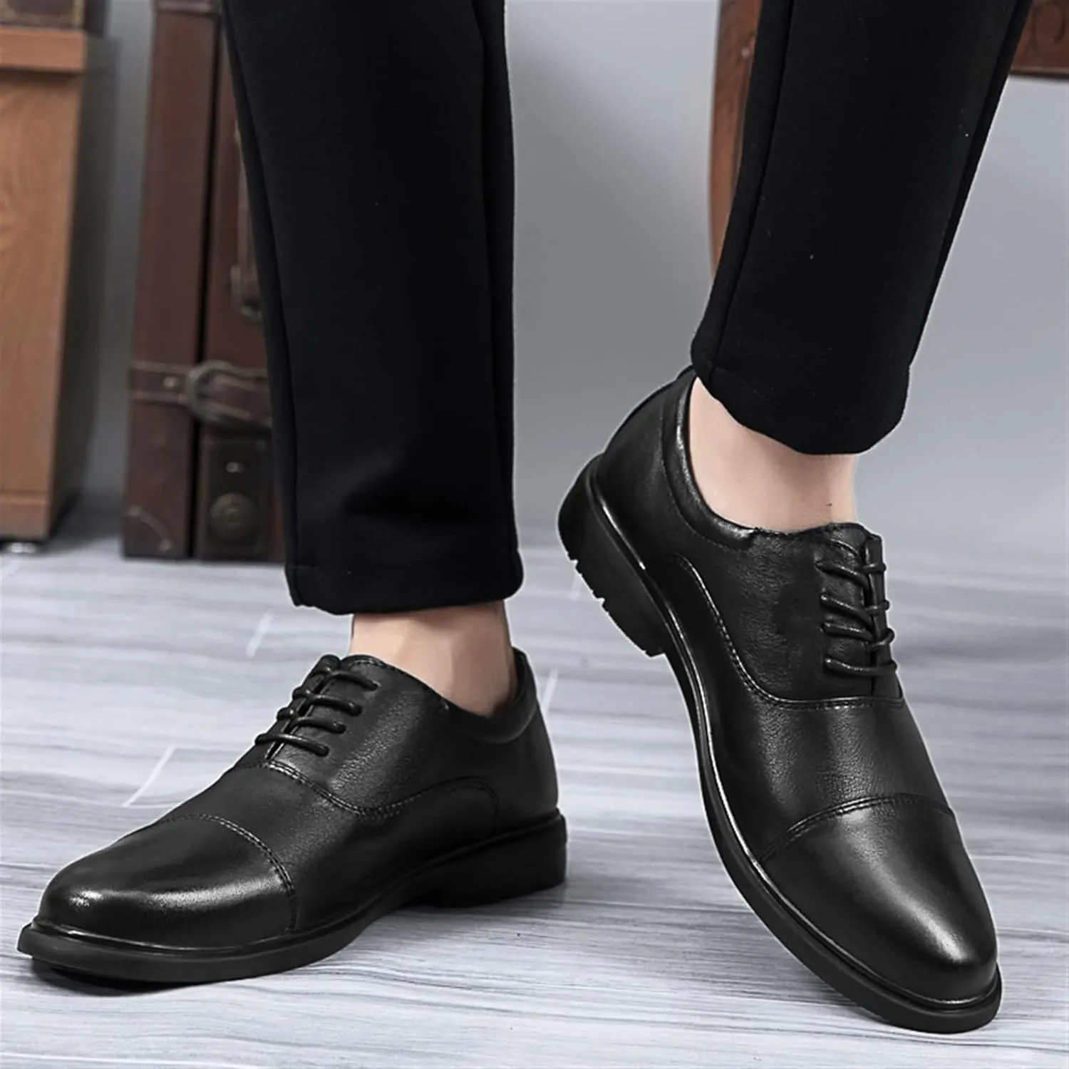 Dress Formal Shoes for Men Lace Up Round Toe Cap Toe Leather Low Top Slip Resistant Rubber Sole Prom
