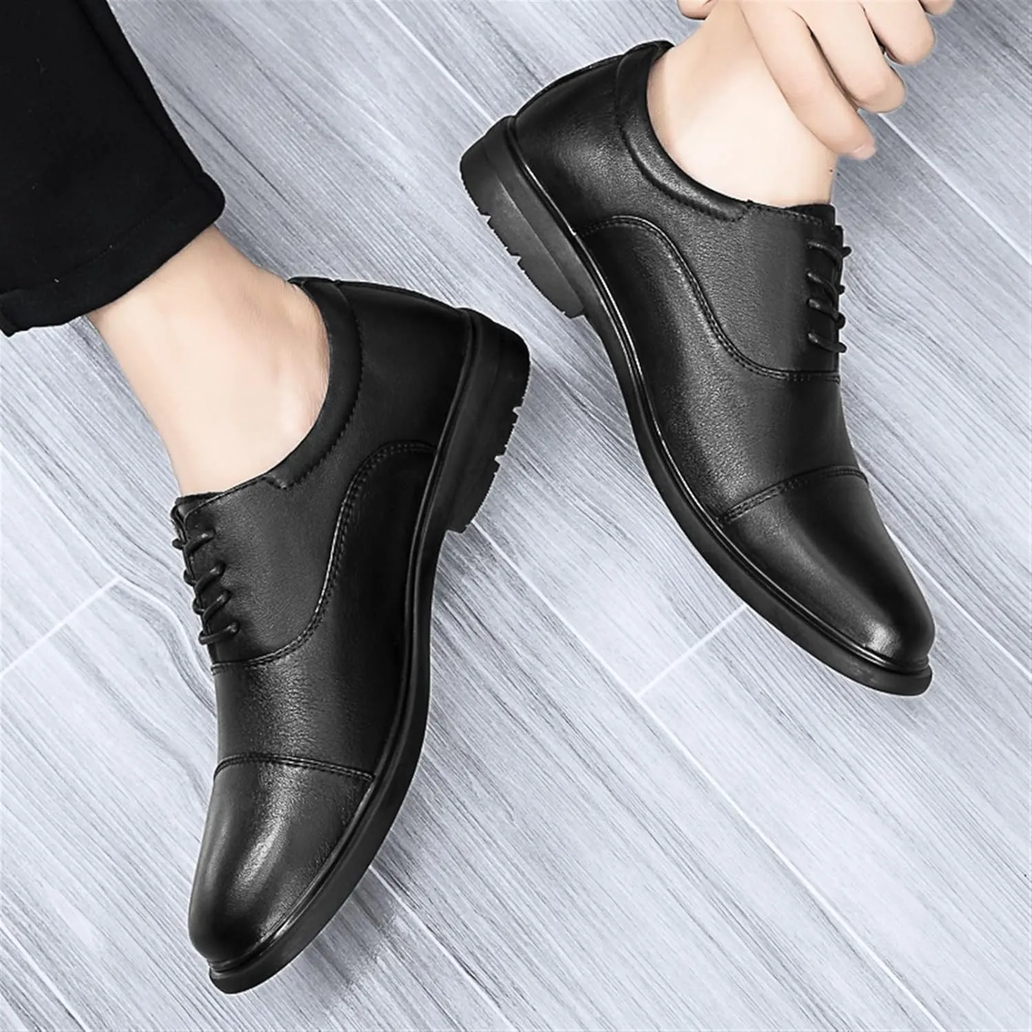 Dress Formal Shoes for Men Lace Up Round Toe Cap Toe Leather Low Top Slip Resistant Rubber Sole Prom