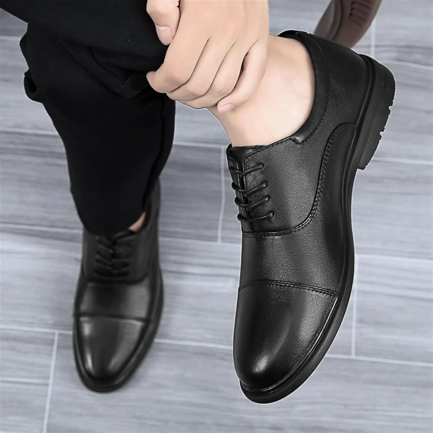 Dress Formal Shoes for Men Lace Up Round Toe Cap Toe Leather Low Top Slip Resistant Rubber Sole Prom