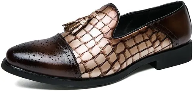Dress Formal Shoes for Men Slip On Cap Toe Stone Pattern Burnished Toe Tassel PU Leather Block Heel Slip Resistant Rubber Sole Non Slip Low Top