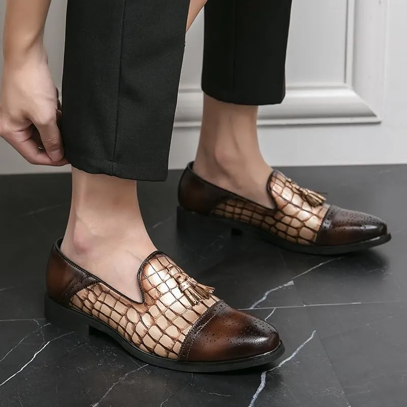 Dress Formal Shoes for Men Slip On Cap Toe Stone Pattern Burnished Toe Tassel PU Leather Block Heel Slip Resistant Rubber Sole Non Slip Low Top