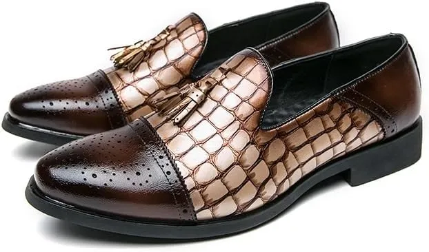 Dress Formal Shoes for Men Slip On Cap Toe Stone Pattern Burnished Toe Tassel PU Leather Block Heel Slip Resistant Rubber Sole Non Slip Low Top