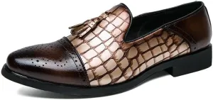 Dress Formal Shoes for Men Slip On Cap Toe Stone Pattern Burnished Toe Tassel PU Leather Block Heel Slip Resistant Rubber Sole Non Slip Low Top