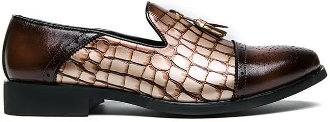 Dress Formal Shoes for Men Slip On Cap Toe Stone Pattern Burnished Toe Tassel PU Leather Block Heel Slip Resistant Rubber Sole Non Slip Low Top