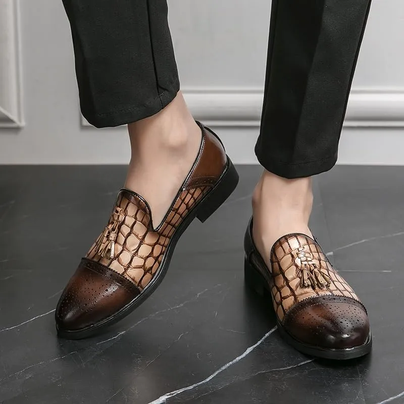 Dress Formal Shoes for Men Slip On Cap Toe Stone Pattern Burnished Toe Tassel PU Leather Block Heel Slip Resistant Rubber Sole Non Slip Low Top