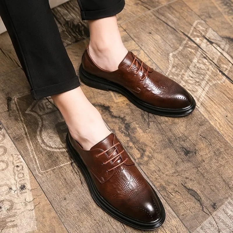 Dress Formal Shoes for Mens Lace-up Tuxedo Wingtip Burnished Leather Wedding Non Slip Low Top Block Heel Anti-Slip Shoe