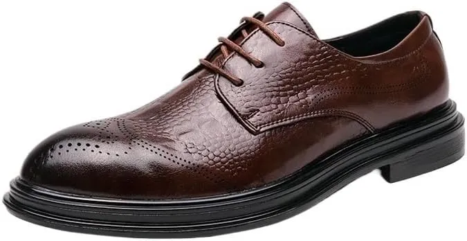 Dress Formal Shoes for Mens Lace-up Tuxedo Wingtip Burnished Leather Wedding Non Slip Low Top Block Heel Anti-Slip Shoe