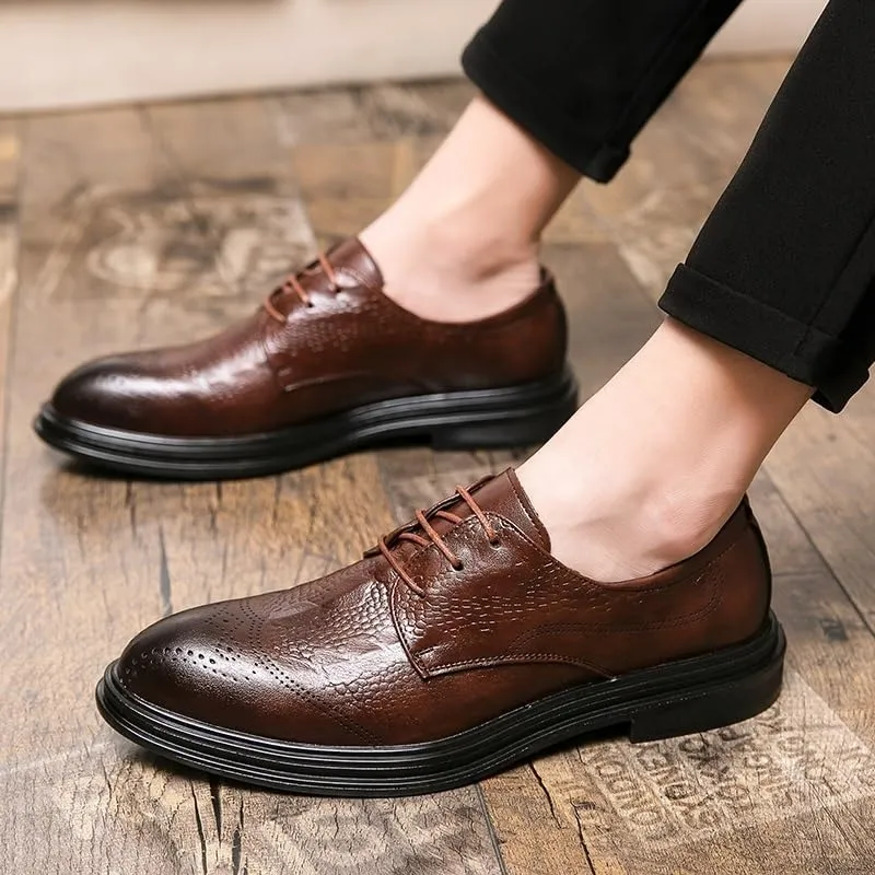 Dress Formal Shoes for Mens Lace-up Tuxedo Wingtip Burnished Leather Wedding Non Slip Low Top Block Heel Anti-Slip Shoe