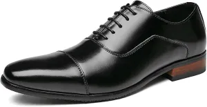 Dress Oxford for Men Lace Up Cap Toe Burnished Toe Leather Slip Resistant Block Heel Low Top Wedding