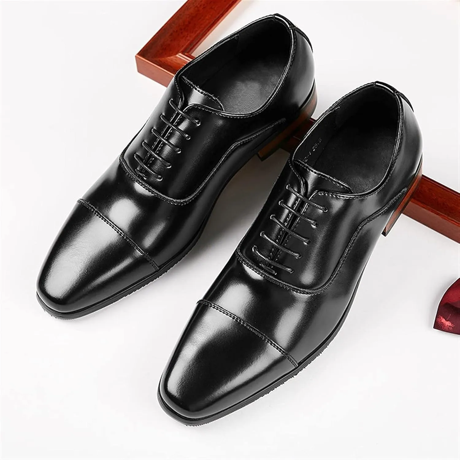 Dress Oxford for Men Lace Up Cap Toe Burnished Toe Leather Slip Resistant Block Heel Low Top Wedding
