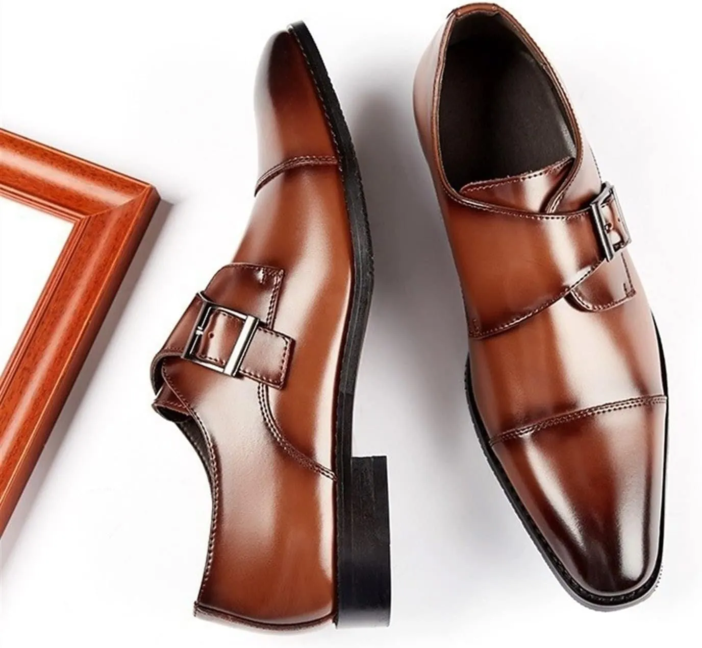 Dress Oxford for Men Slip On Monk Strap Cap Toe Burnished Toe Leather Slip Resistant Low Top Non Slip Block Heel Outdoor