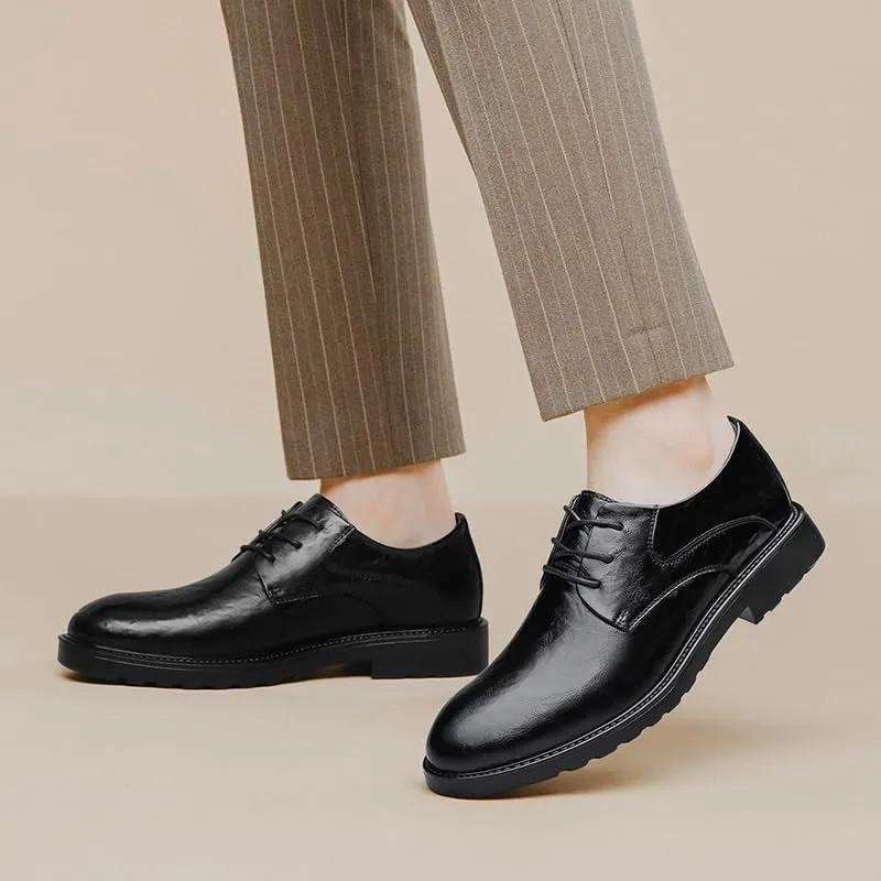 Dress Oxford Formal Shoes for Men Lace Up Pointed Burnished Toe Leather Cap Toe Oxford Shoes Resistant Non Slip Low Top Block Heel Wedding