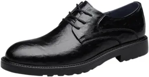 Dress Oxford Formal Shoes for Men Lace Up Pointed Burnished Toe Leather Cap Toe Oxford Shoes Resistant Non Slip Low Top Block Heel Wedding