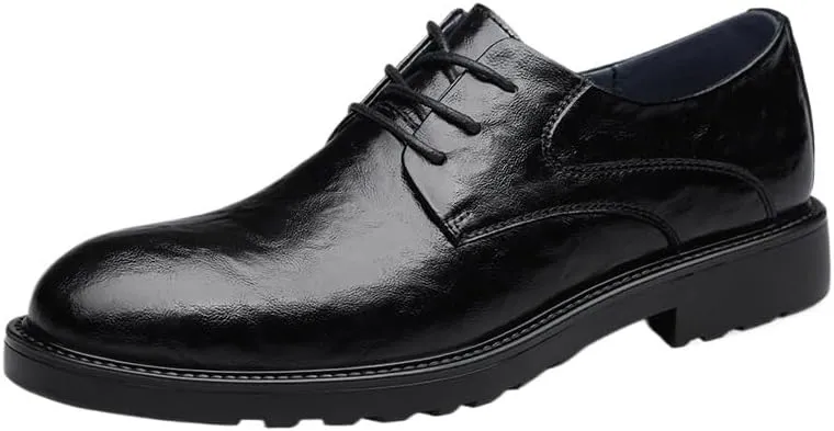 Dress Oxford Formal Shoes for Men Lace Up Pointed Burnished Toe Leather Cap Toe Oxford Shoes Resistant Non Slip Low Top Block Heel Wedding