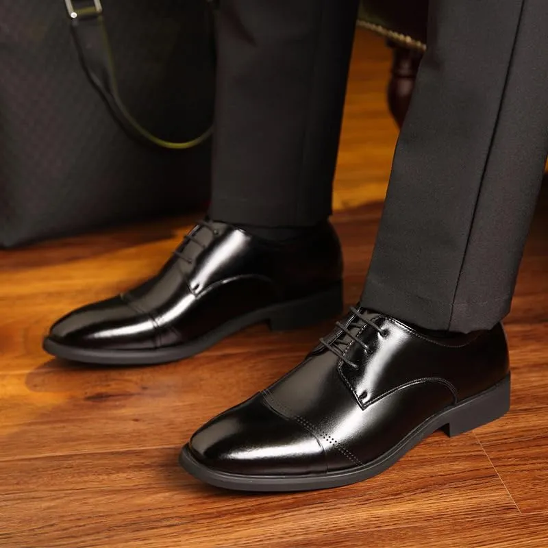 Dress Oxford Shoes for Men Lace Up Round Toe PU Leather Cap Toe Derby Shoes Rubber Sole Block Heel Anti-Slip Classic