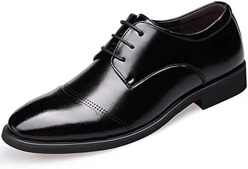 Dress Oxford Shoes for Men Lace Up Round Toe PU Leather Cap Toe Derby Shoes Rubber Sole Block Heel Anti-Slip Classic