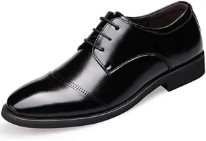 Dress Oxford Shoes for Men Lace Up Round Toe PU Leather Cap Toe Derby Shoes Rubber Sole Block Heel Anti-Slip Classic