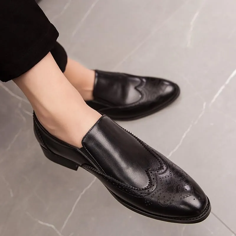 Dress Oxford Shoes for Men Slip On Pointed Burnished Toe Brogue Embossed Wing tip PU Leather Non Slip Anti-Slip Block Heel Low Top Casual(Black,8.5)